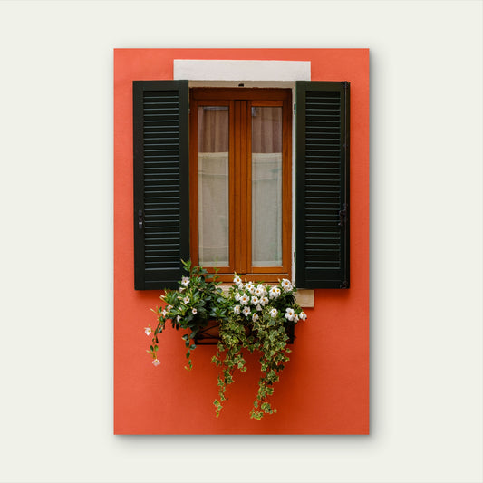 Red Wall Window Flower Box 60x90cm Metal Print Ready to Hang