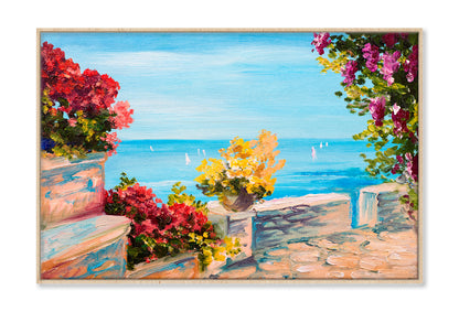 Terrace Near The Sea & Flowers Oil Painting Wall Art Limited Edition High Quality Print Canvas Box Framed Natural