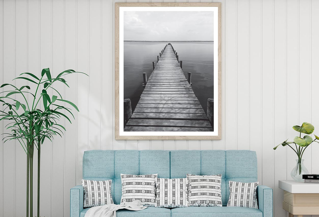 Wooden Pier On Lake  B&W View Home Decor Premium Quality Poster Print Choose Your Sizes