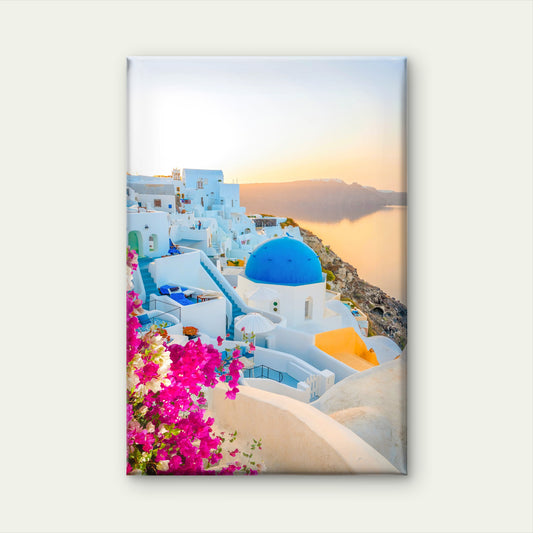 Church in Oia Santorini Sunset Bougainvillea Sunset Wall Art Decor 100% Australian Made