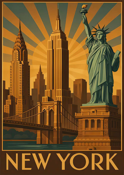 New York City Skyline Statue of Liberty & Iconic Buildings Travel Poster Print Wall Art