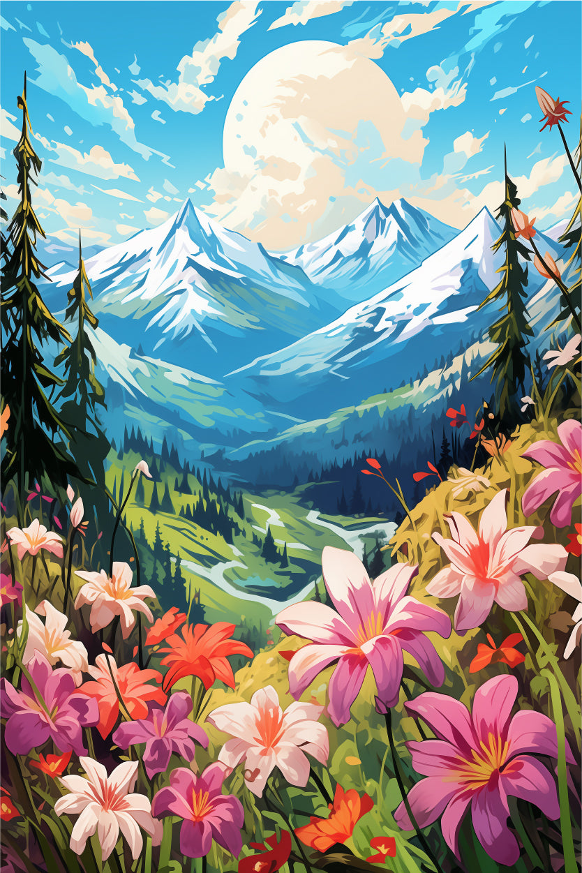 Anime Style Mountains Flower Field 40x60cm Metal Print Ready to Hang