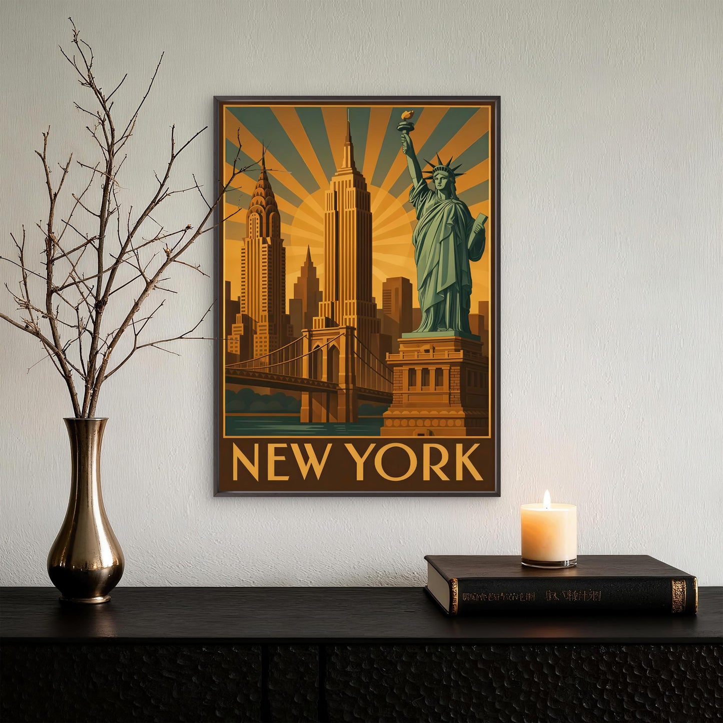 New York City Skyline Statue of Liberty & Iconic Buildings Travel Poster Print Wall Art