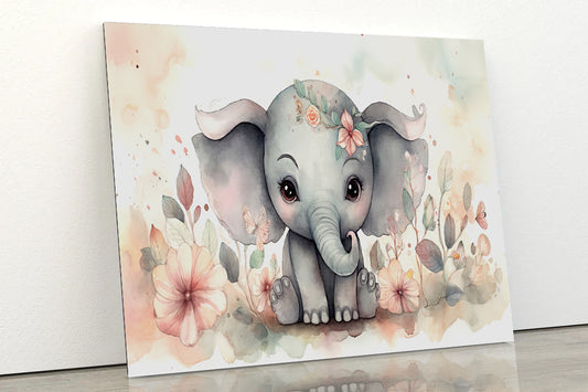 Baby Elephant Watercolor Style Acrylic Glass Print Tempered Glass Wall Art 100% Made in Australia Ready to Hang