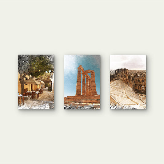 3pcs Greece Ruins Vintage Greek Historic Landscape Wall Art Set Canvas Framed 40x60cm - High Quality Print 100% Australian Made Wall Canvas Ready to Hang