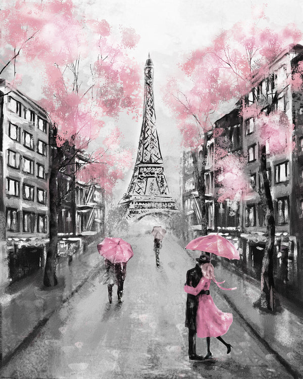 Eiffel Tower Street Couples Walking Floral Painting 60x90cm Print 100% Australian Made