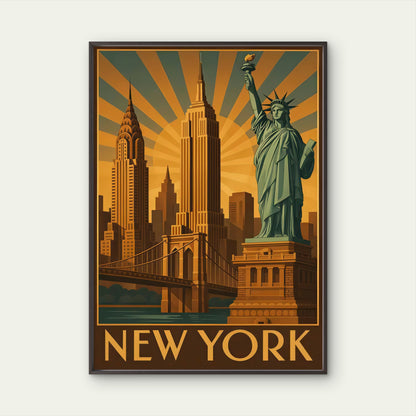New York City Skyline Statue of Liberty & Iconic Buildings Travel Poster Print Wall Art