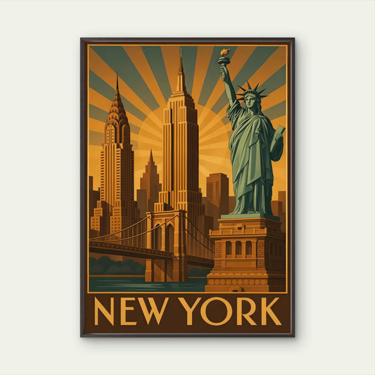New York City Skyline Statue of Liberty & Iconic Buildings Travel Poster Print Wall Art