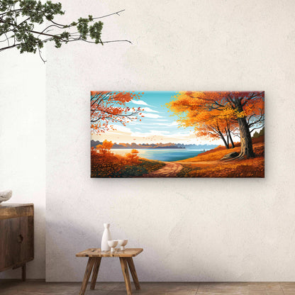 Autumn Lake Path Scenic Fall Foliage View Wall Art Canvas Office Home Framed 120x60cm