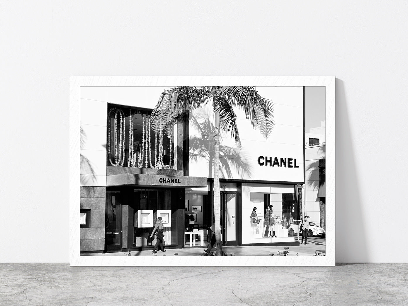 Palm Tree & People near Fashion Store Photograph Glass Framed Wall Art, Ready to Hang Quality Print Without White Border White