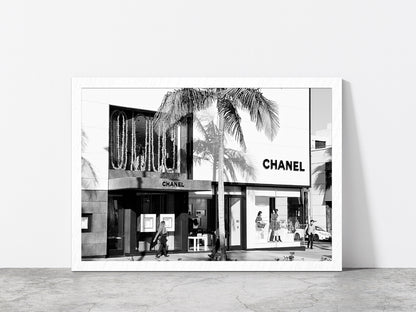 Palm Tree & People near Fashion Store Photograph Glass Framed Wall Art, Ready to Hang Quality Print Without White Border White