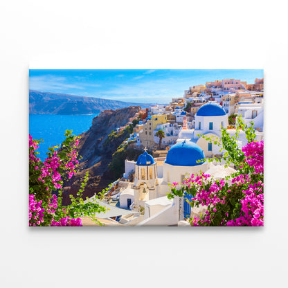 Buildings of Oia Town and Flowers Print 100% Australian Made - Bella Home Decor