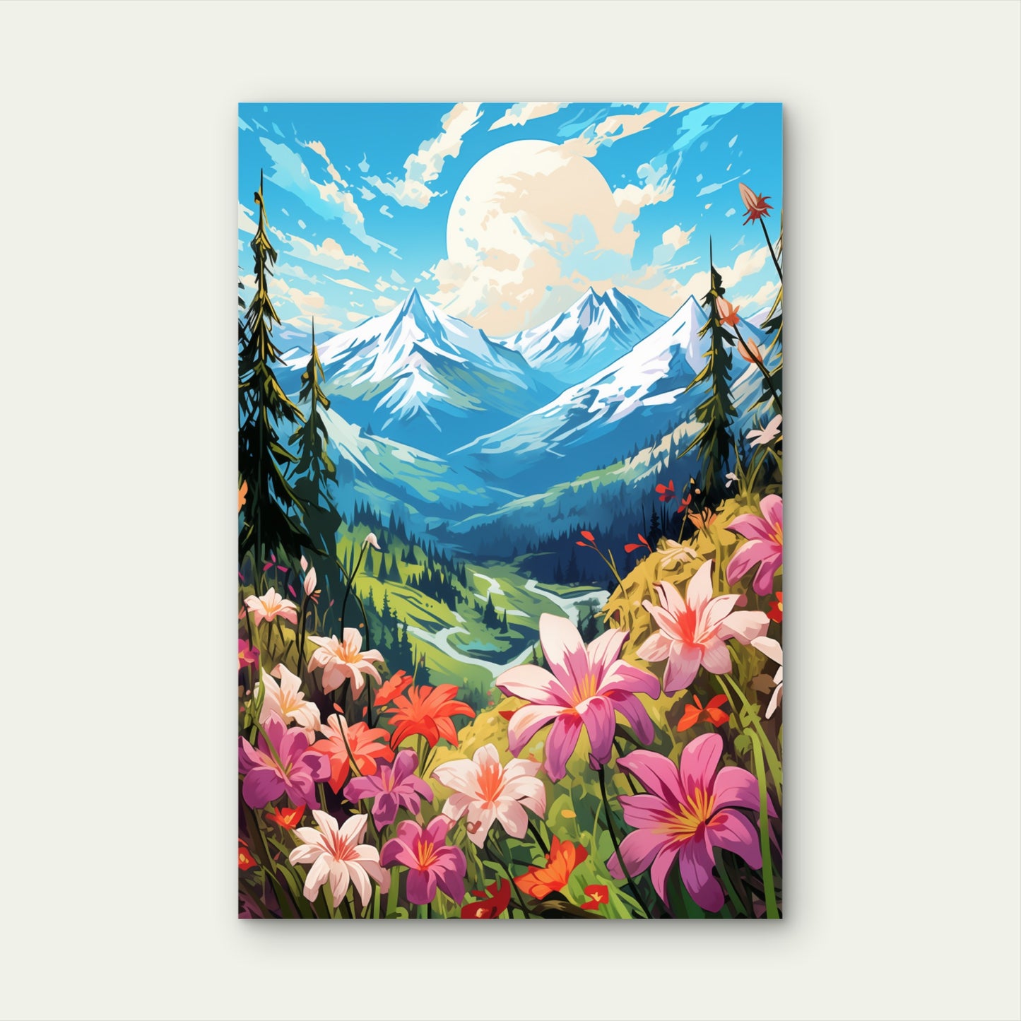 Anime Style Mountains Flower Field 40x60cm Metal Print Ready to Hang