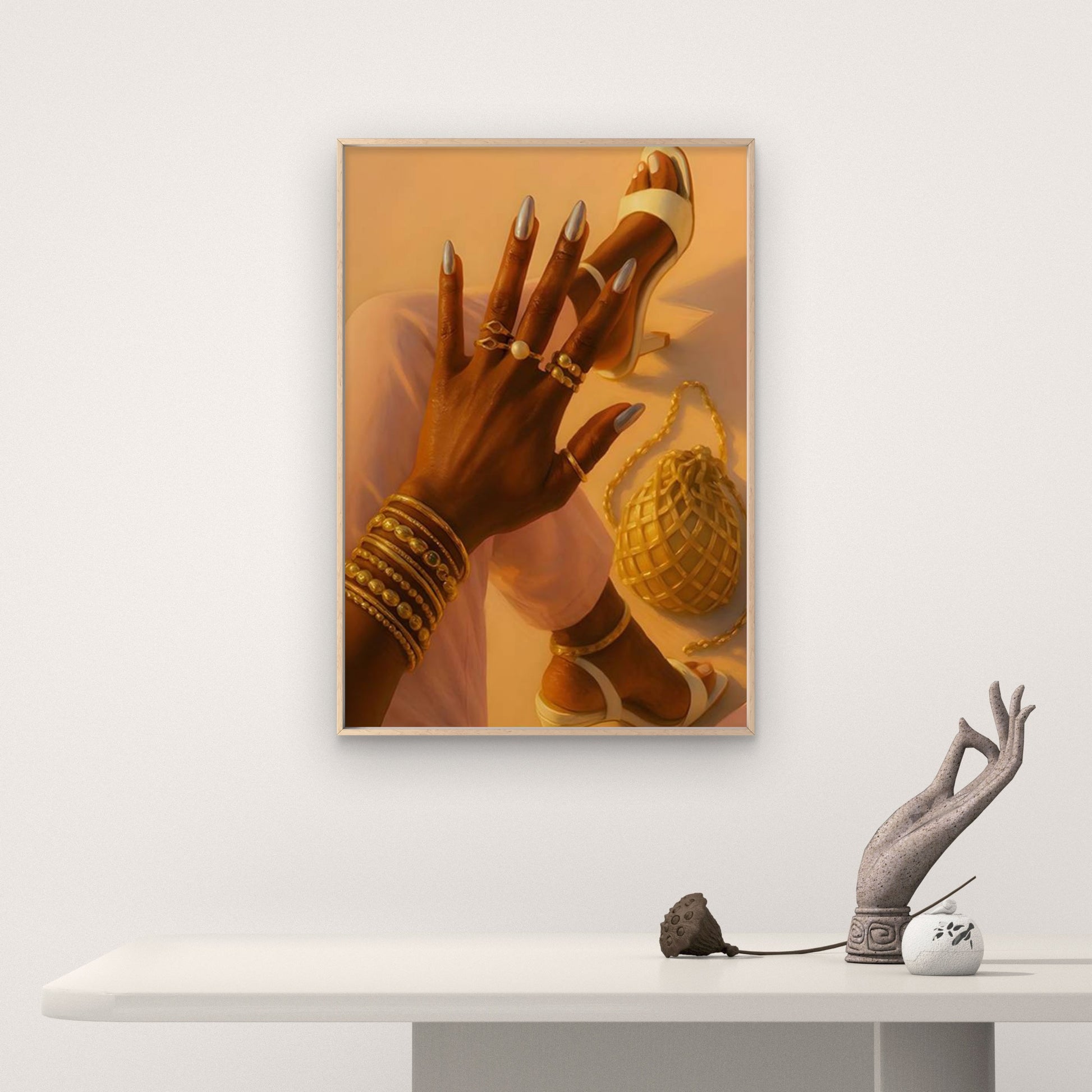 Golden Rings Nail Polish High Heels Braided Tote Bag Fashion Home Decor Premium Quality Poster Print Choose Your Sizes - Bella Home Decor