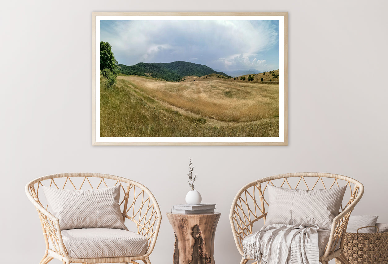 View Of a Grassy Field with Hills, Clear Sky & Clouds Home Decor Premium Quality Poster Print Choose Your Sizes - Bella Home Decor