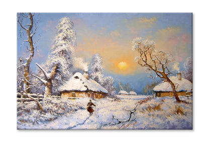 Winter in Village & Trees Sunset Sky Oil Painting Wall Art Limited Edition High Quality Print Stretched Canvas None