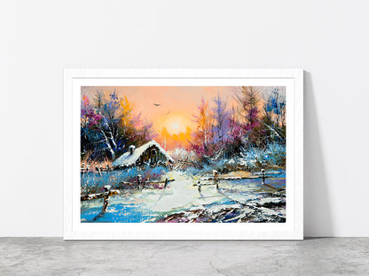 Rural Winter & Sunrise Landscape Painting Glass Framed Wall Art, Ready to Hang Quality Print With White Border White