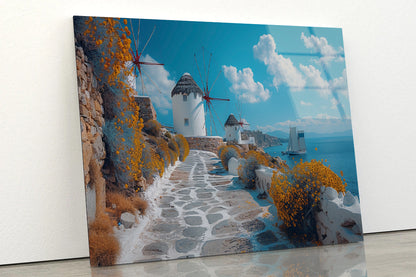 Path with a Boat & Buildings in Greece Acrylic Glass Print Tempered Glass Wall Art 100% Made in Australia Ready to Hang - Bella Home Decor