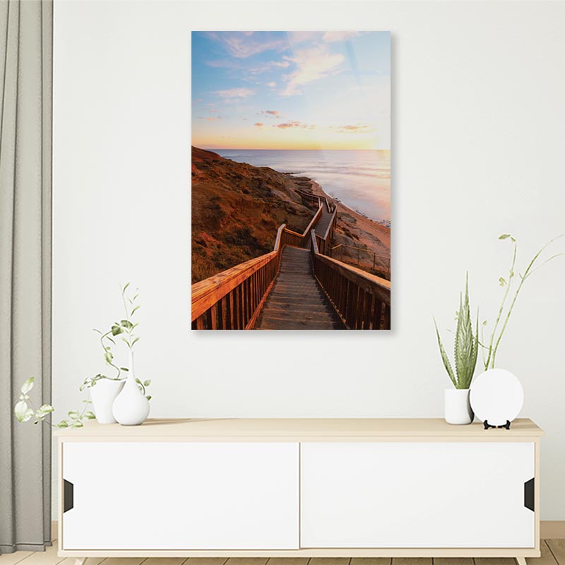 Stair Walkway Along the Coastline with Sunset View at Port Noarlunga, South AustraliaPortrait Photograph Acrylic Glass Print Tempered Glass Wall Art 100% Made in Australia Ready to Hang - Bella Home Decor