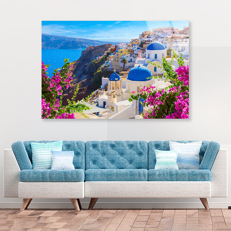 Buildings of Oia Town and Flowers Acrylic Glass Print Tempered Glass Wall Art 100% Made in Australia Ready to Hang - Bella Home Decor