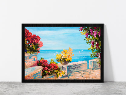 Terrace Near The Sea & Flowers Glass Framed Wall Art, Ready to Hang Quality Print Without White Border Black