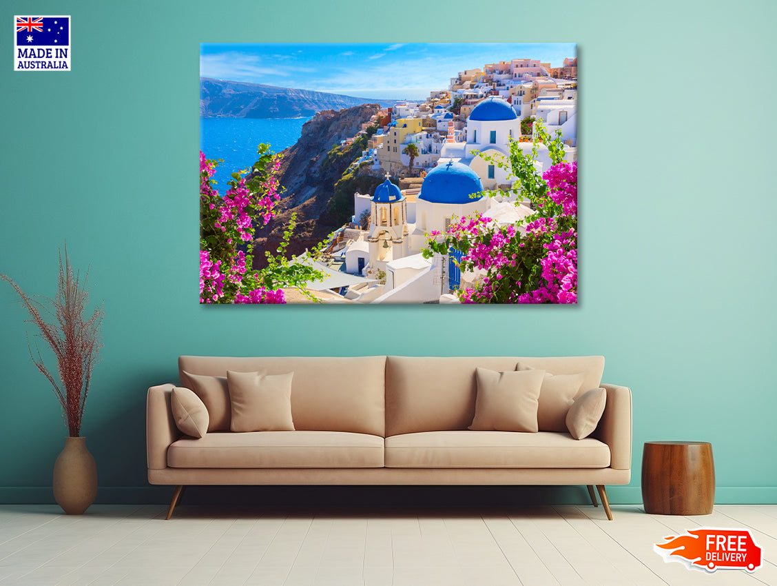 Buildings of Oia Town and Flowers Print 100% Australian Made - Bella Home Decor
