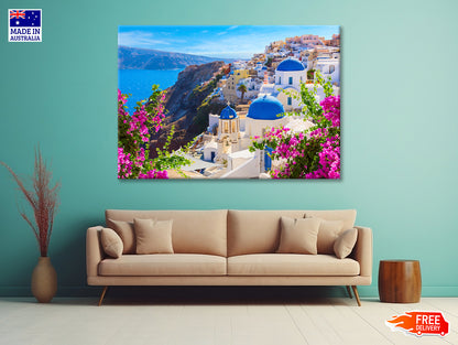 Buildings of Oia Town and Flowers Print 100% Australian Made - Bella Home Decor