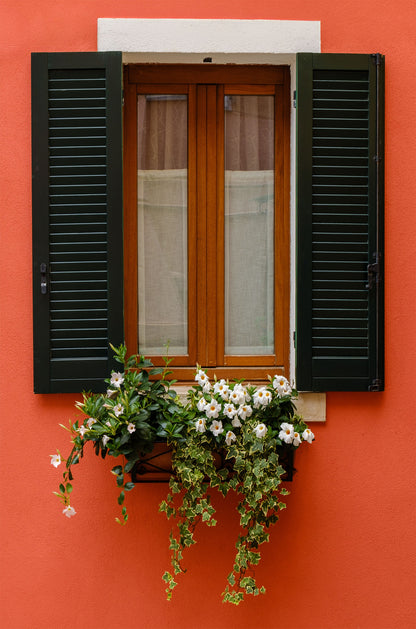 Red Wall Window Flower Box 60x90cm Metal Print Ready to Hang - Bella Home Decor
