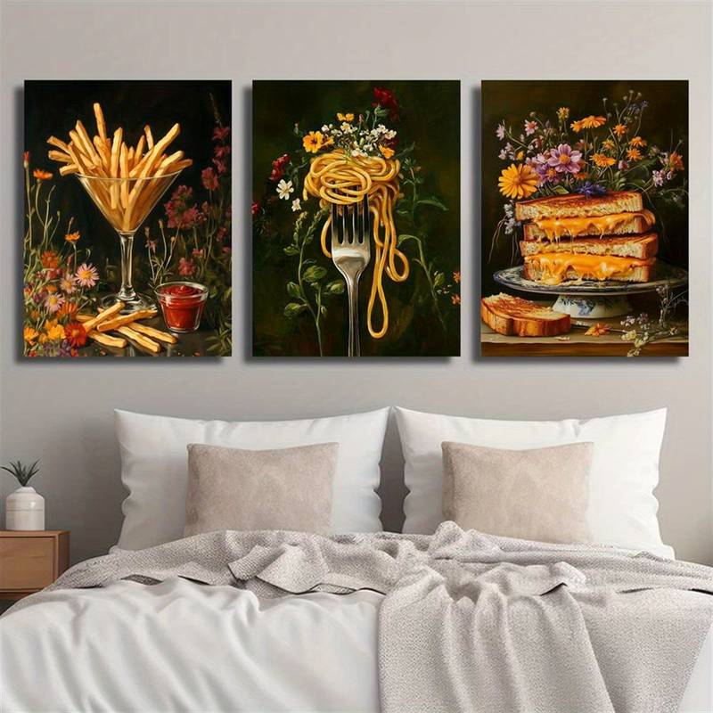 3pcs Still Life of Fries Ramen Grilled Cheese Plants Metal Print Ready to Hang Art - Bella Home Decor