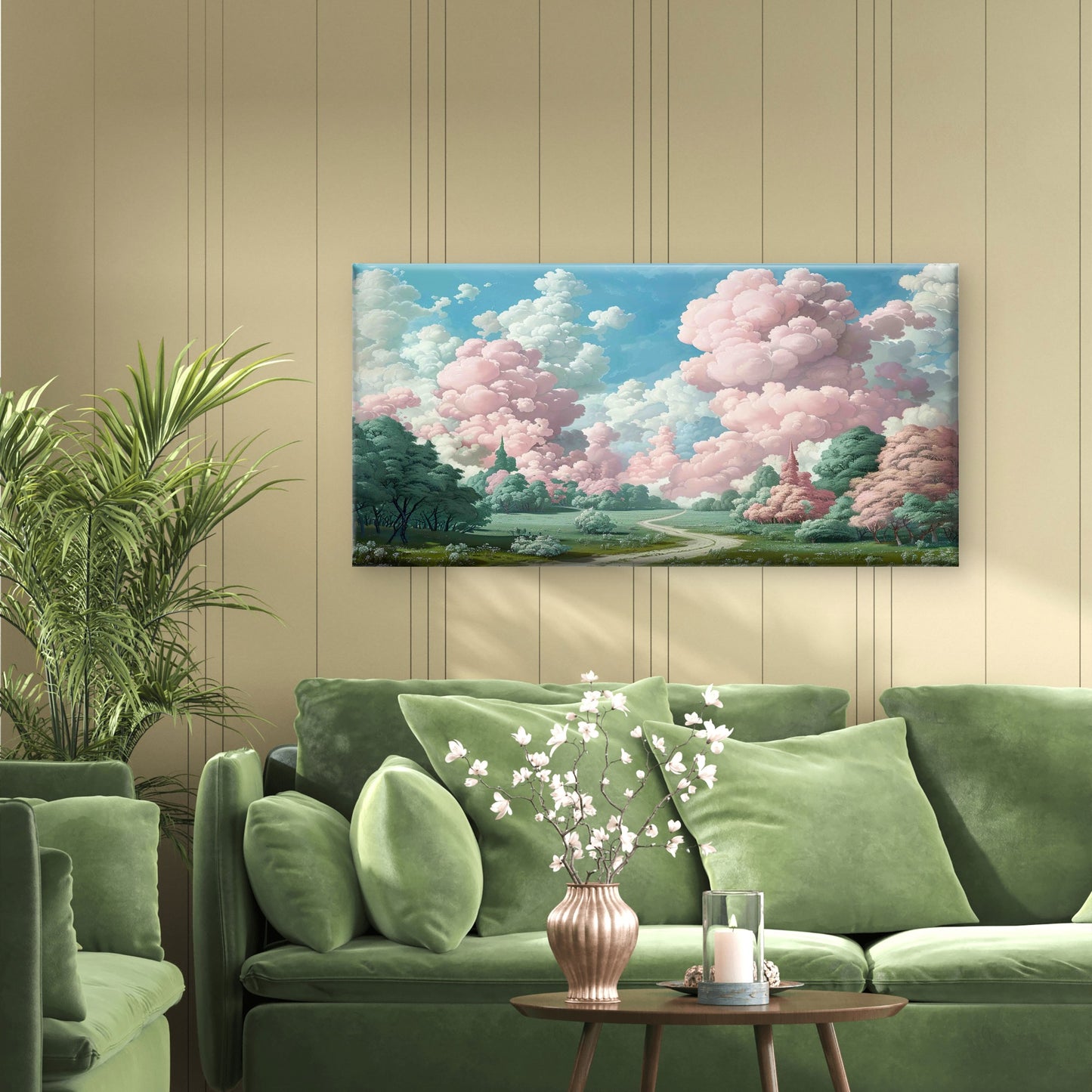 Pink Cloud Meadow Garden Path Wall Art Canvas Office Home Room Framed 120x60 cm - Bella Home Decor