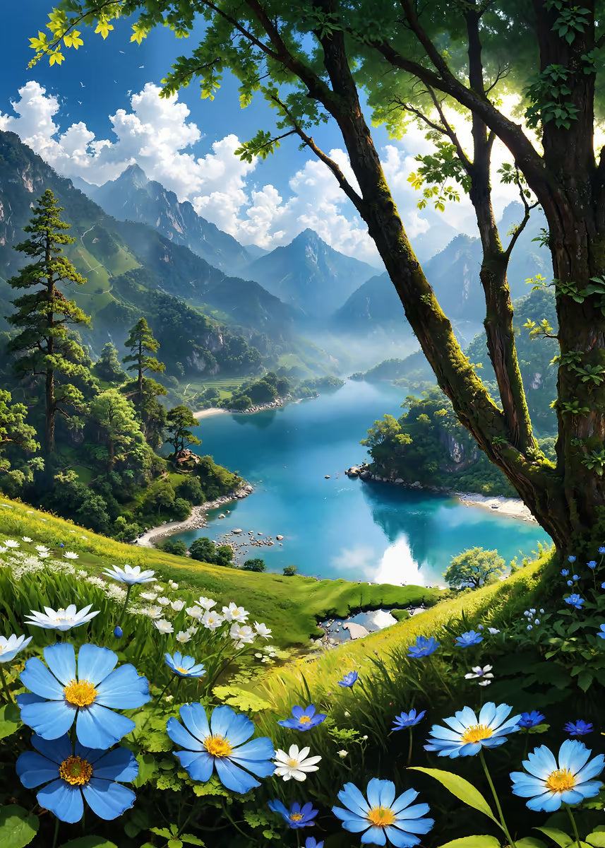 Alpine Blue Lake Mountain View 60x90cm Metal Print Ready to Hang - Bella Home Decor