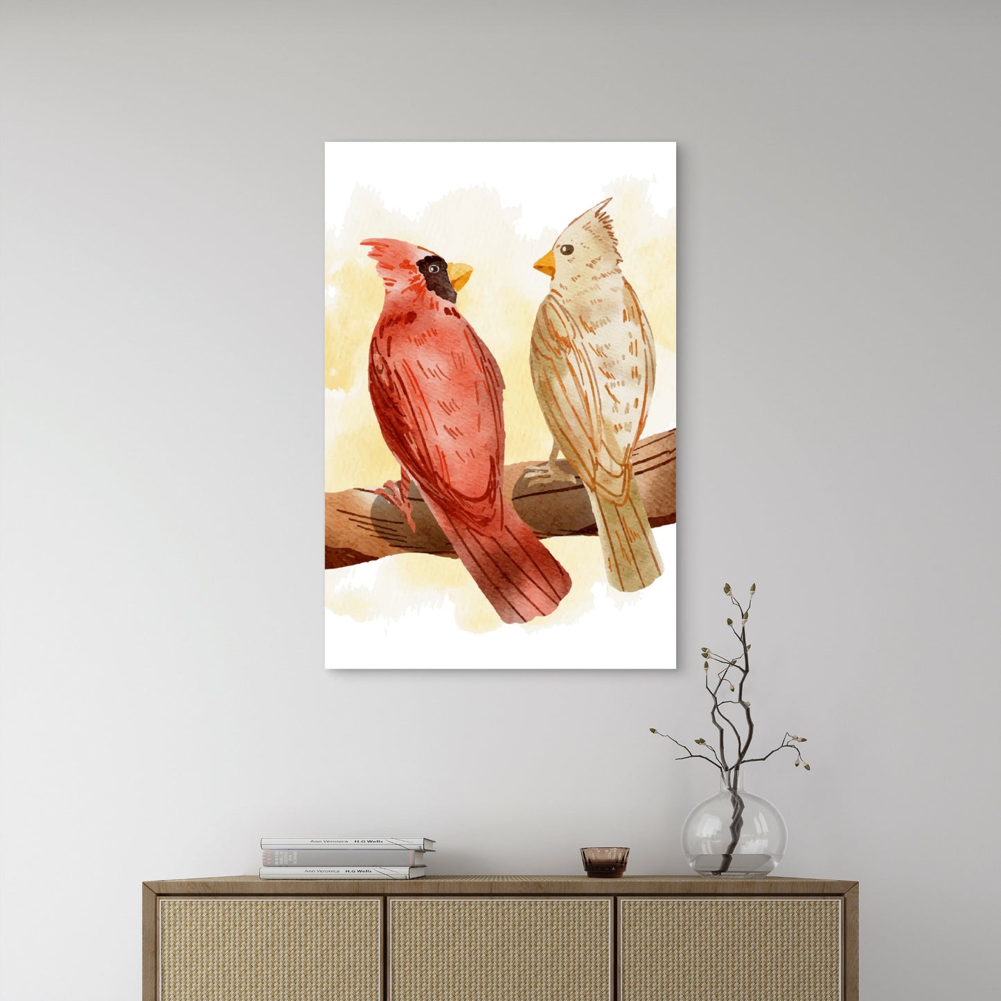 Red Cardinal Songbird Illustration 60x90cm Metal Print Ready to Hang