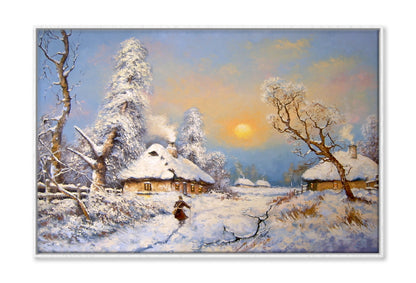 Winter in Village & Trees Sunset Sky Oil Painting Wall Art Limited Edition High Quality Print Canvas Box Framed White