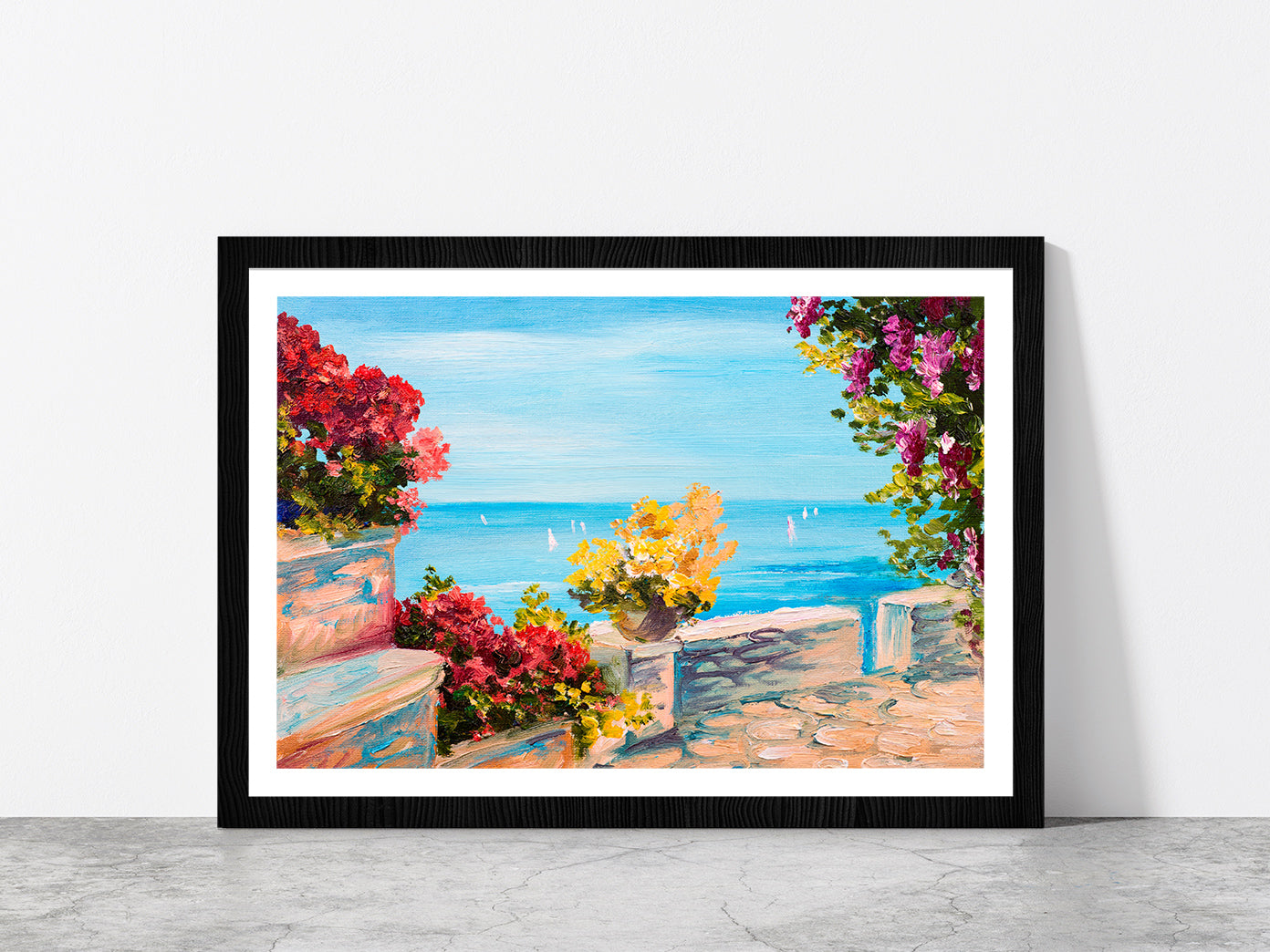 Terrace Near The Sea & Flowers Glass Framed Wall Art, Ready to Hang Quality Print With White Border Black