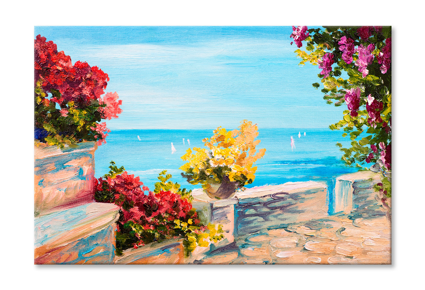 Terrace Near The Sea & Flowers Oil Painting Wall Art Limited Edition High Quality Print Stretched Canvas None