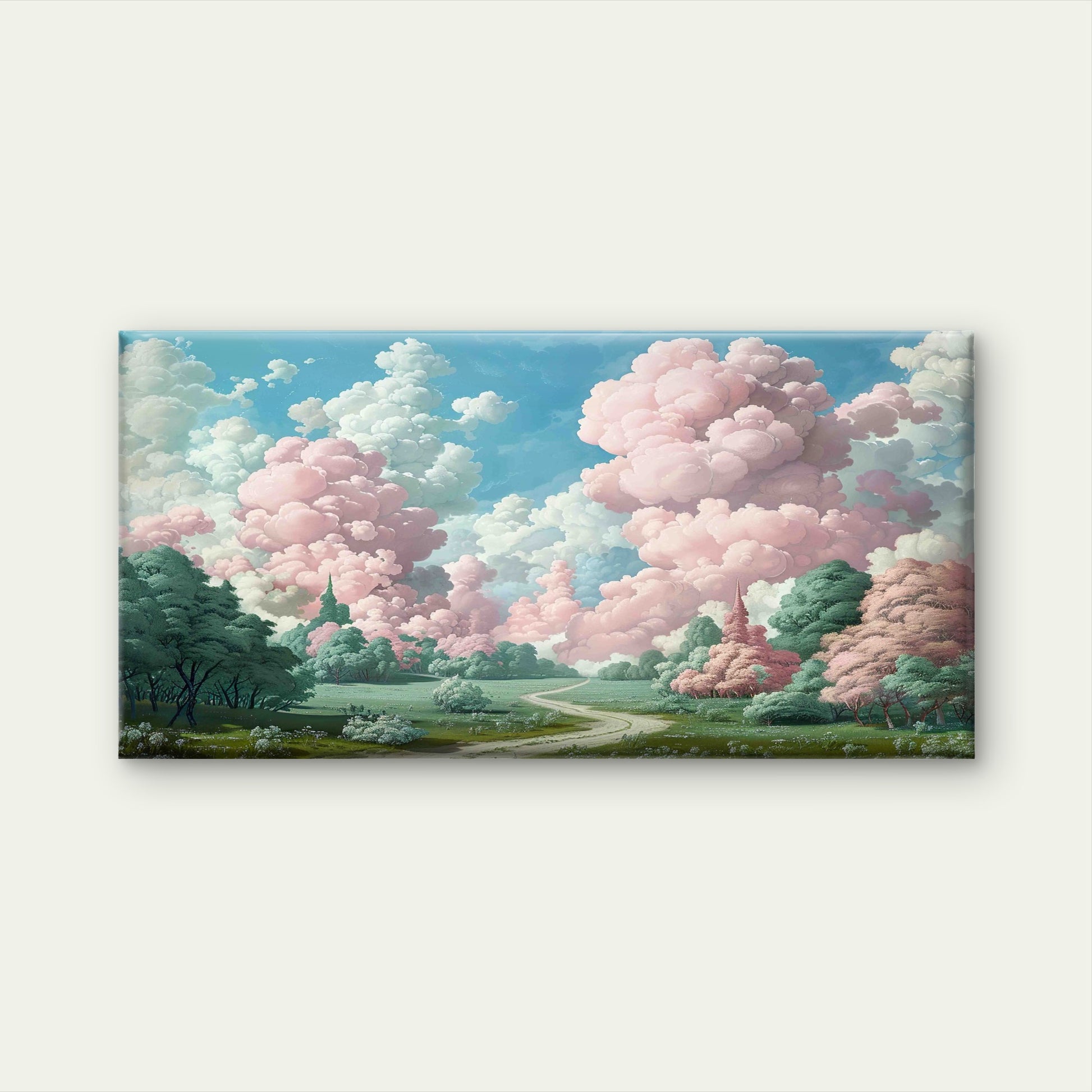Pink Cloud Meadow Garden Path Wall Art Canvas Office Home Room Framed 120x60 cm - Bella Home Decor