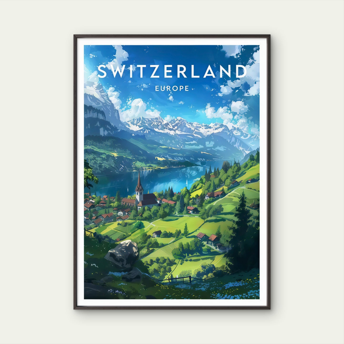 Switzerland Geneva Lake & Swiss Alps Vibrant European Mountain Travel Poster Print Wall Art