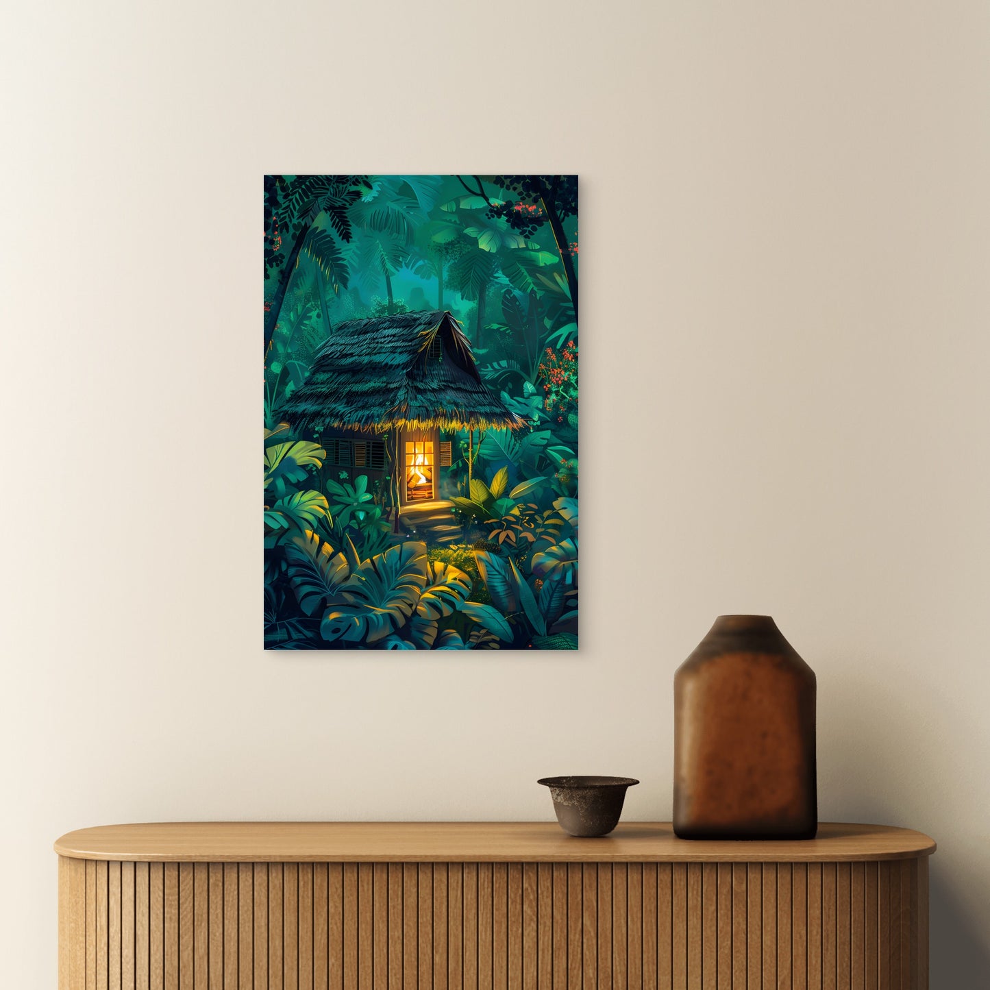 Rainforest Cottage Tropical Hut 40x60cm Metal Print Ready to Hang