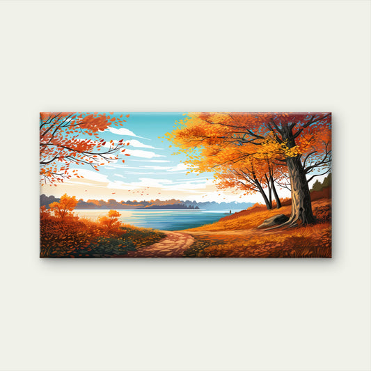 Autumn Lake Path Scenic Fall Foliage View Wall Art Canvas Office Home Framed 120x60cm