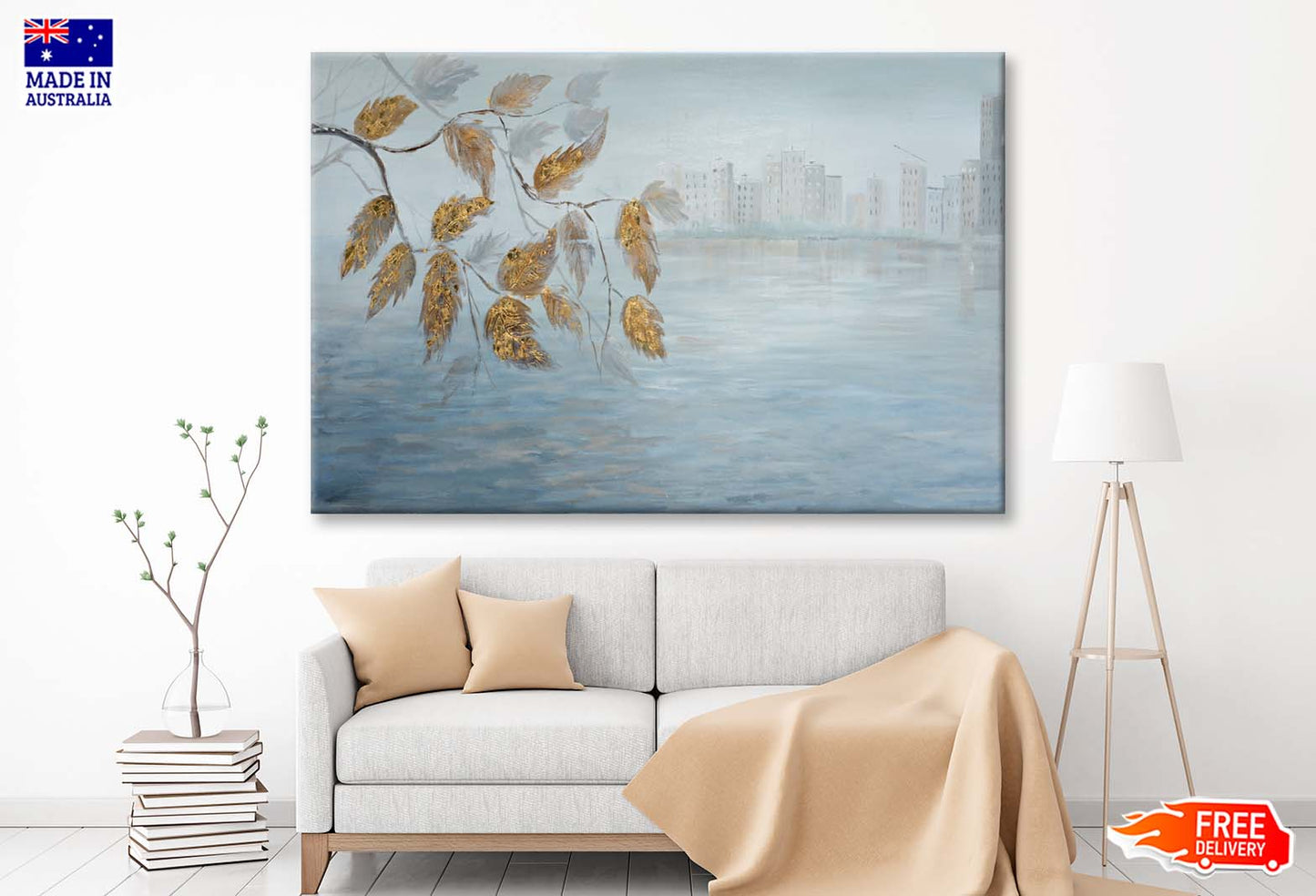 Gold Leaves On Tree & River Wall Art Limited Edition High Quality Print