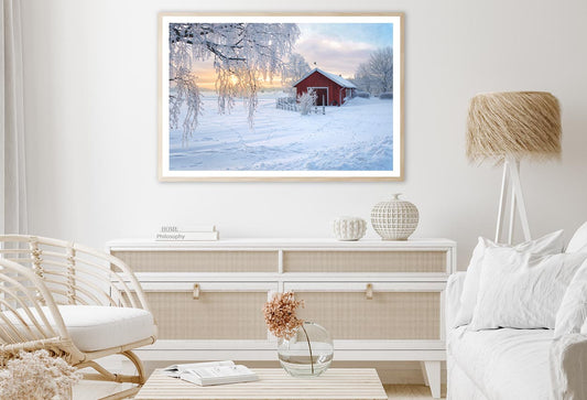 Winter View Of a Red Barn at Sunset in Rusko, Finland Home Decor Premium Quality Poster Print Choose Your Sizes