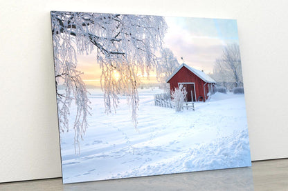Winter View Of a Red Barn at Sunset in Rusko, Finland Acrylic Glass Print Tempered Glass Wall Art 100% Made in Australia Ready to Hang - Bella Home Decor