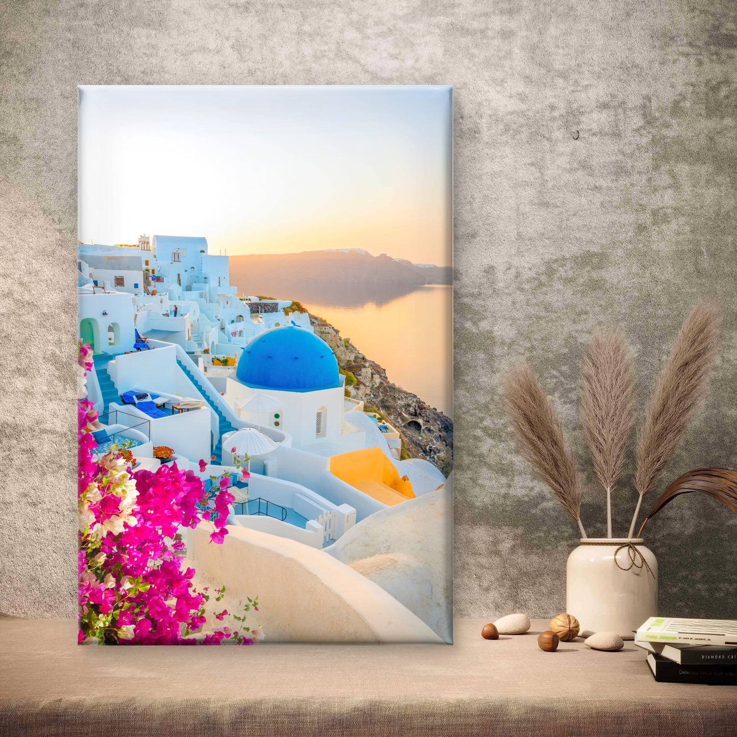 Church in Oia Santorini Sunset Bougainvillea Sunset Wall Art Decor 100% Australian Made
