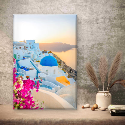 Church in Oia Santorini Sunset Bougainvillea Sunset Wall Art Decor 100% Australian Made