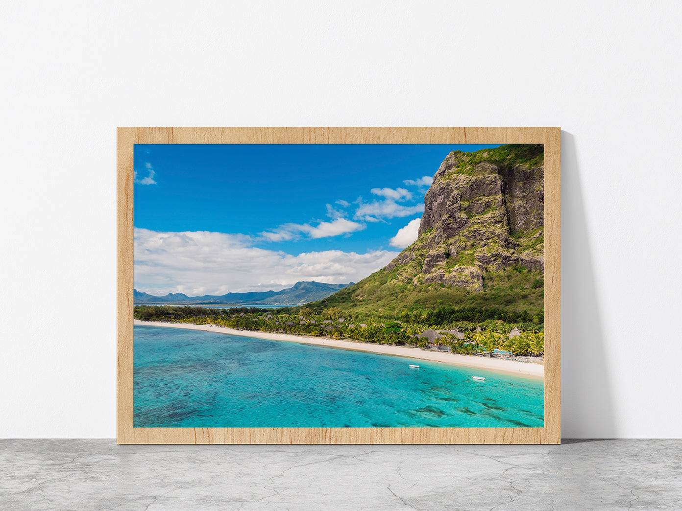 Le Morne Mountain Ocean & Beach Glass Framed Wall Art, Ready to Hang Quality Print Without White Border Oak