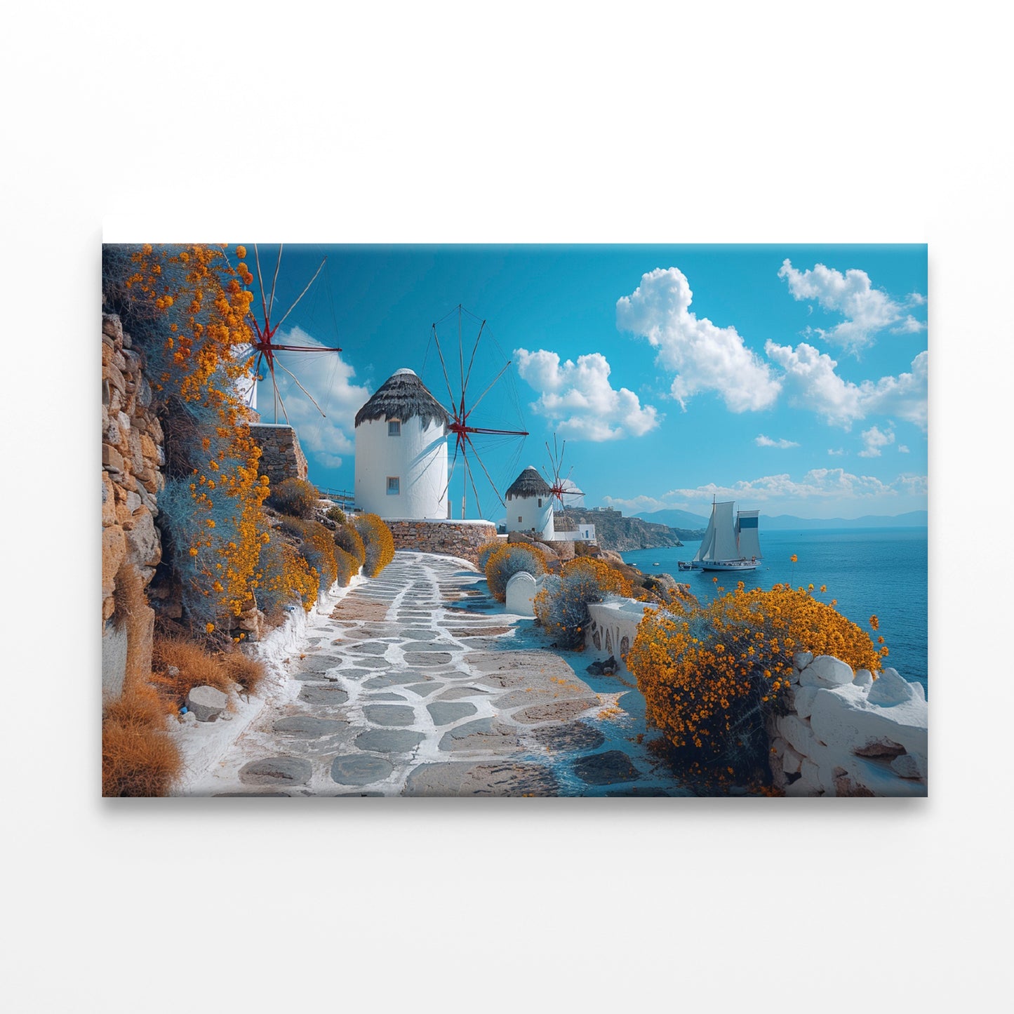 Path with a Boat & Buildings in Greece Print 100% Australian Made - Bella Home Decor
