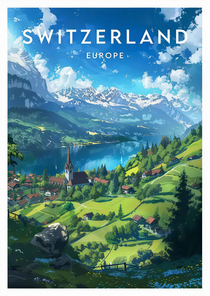 Switzerland Geneva Lake & Swiss Alps Vibrant European Mountain Travel Poster Print Wall Art