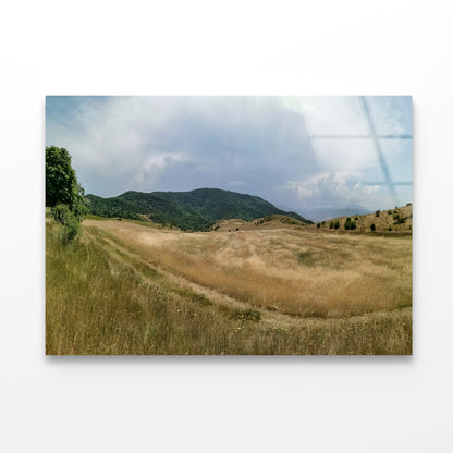 View Of a Grassy Field with Hills, Clear Sky & Clouds Acrylic Glass Print Tempered Glass Wall Art 100% Made in Australia Ready to Hang