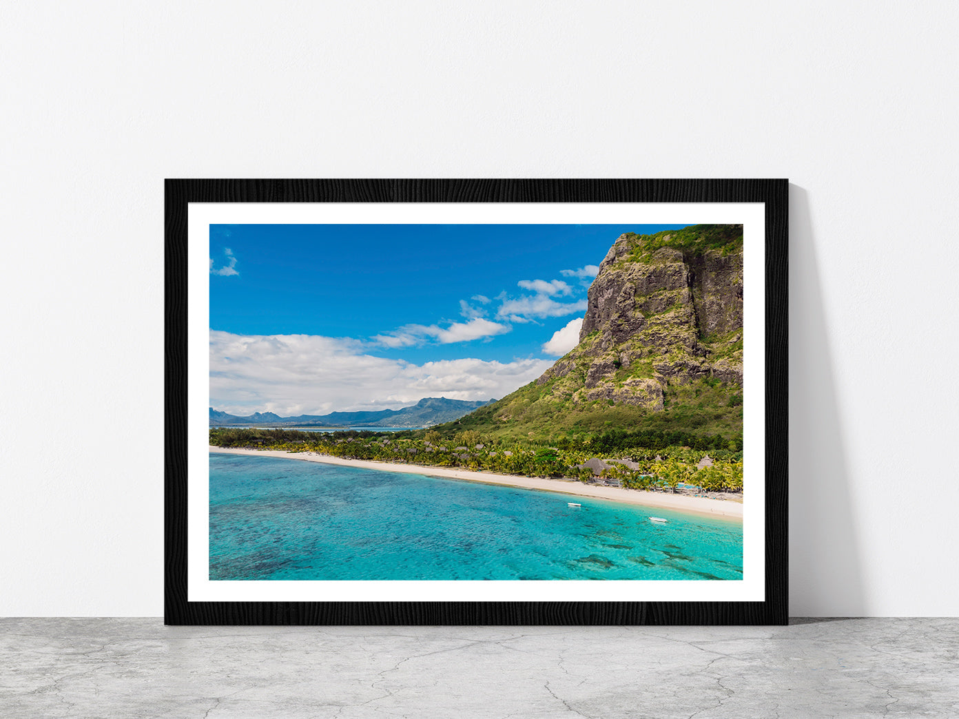 Le Morne Mountain Ocean & Beach Glass Framed Wall Art, Ready to Hang Quality Print With White Border Black