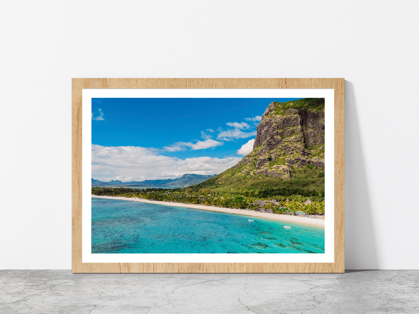 Le Morne Mountain Ocean & Beach Glass Framed Wall Art, Ready to Hang Quality Print With White Border Oak